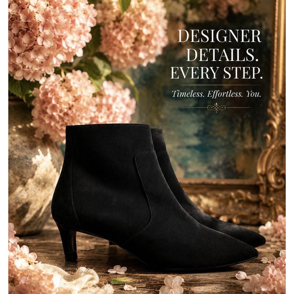 Ankle Boots Black Suede Pointed Toe SideZip Kitten Heels Short Booties Aquatalia